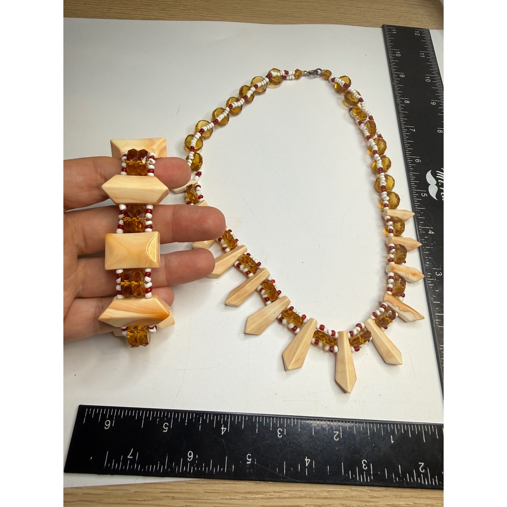 Handmade Beaded Jewelry Set Peach Amber Glass Geometric Spike Necklace Bracelet